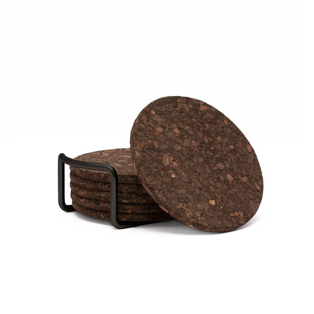 Thirstystone Set of 6 Thick Dark Cork Coasters in Attractive Black Coaster Holder 4.7" Round Durable Absorbent Easily Wipes Clean