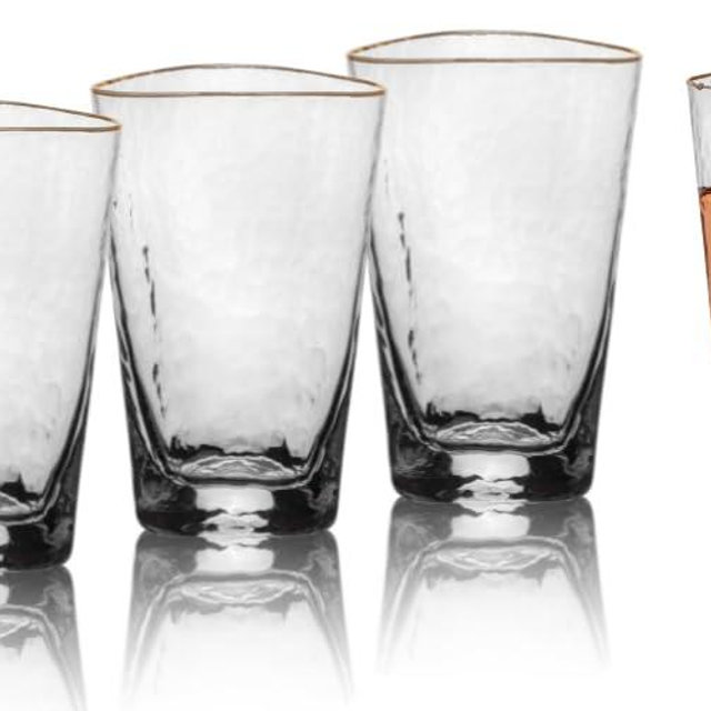 Bec's Designs Gold Rim Highball Glasses – Set of 4, 16oz Handblown Triangular Hammered Glass Tumblers – Elegant Drinkware for Cocktails, Water & Iced Tea