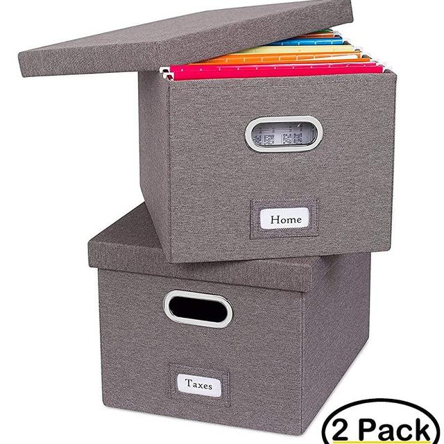 Internet's Best Collapsible File Storage Organizer with Lid - Decorative Linen Filing & Storage Office Box – Hanging Letter/Legal Folder – Home Office Bins Cabinet – Grey Container - 2 Pack