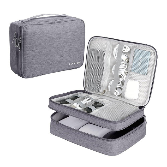LENTION Cable Organizer Bag Pouch, Travel Electronic Accessories Carry Case Portable Bag Waterproof Double Layers All-in-One Storage Bag Carrying Tech Bag for Cord, Charger, Power Bank, Earphone Grey