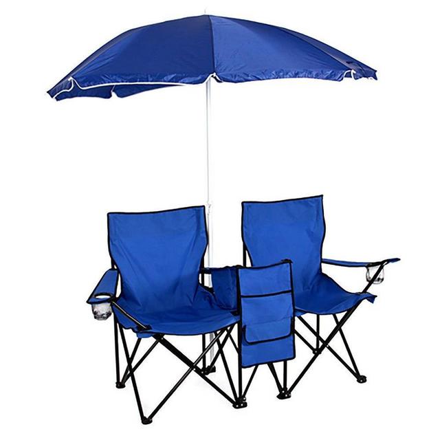 AK Energy Blue Foldable Picnic Beach Camping Double Chair Table Cooler Fishing Fold Up Removable Umbrella Sun Shade