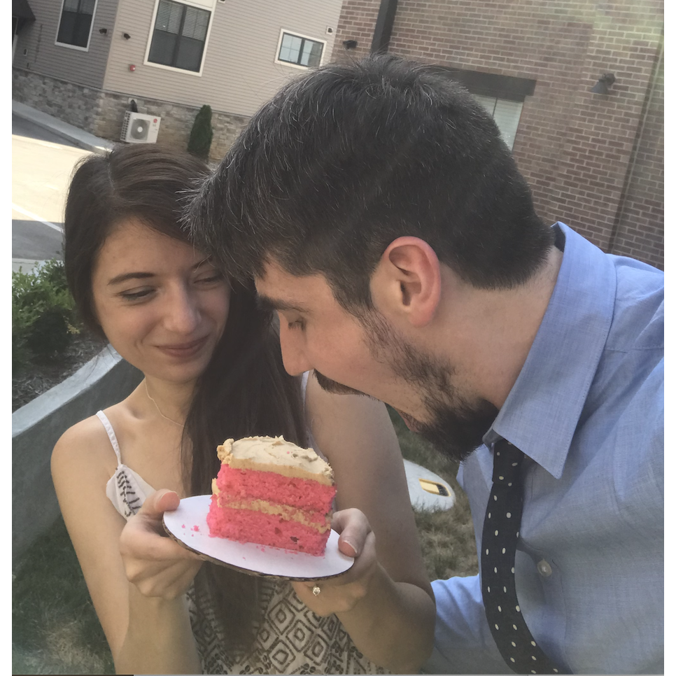 Cake tasting! This one was pink champagne with peanut butter frosting