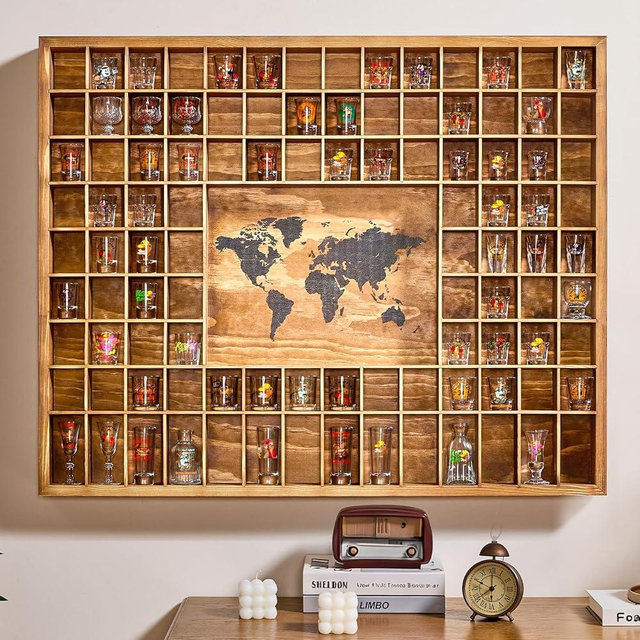 Tristcily Large Shot Glass Display Case with World Map,102 Slots, 39 x 32 Inch Rustic Wood Shot Glass Display Cabinet for 2 Size -In Rooms Bars Wine Cellars with Shot Glasses Jewelry Shell & Keepsakes