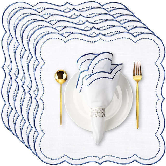 Hahafelt 6 Set Cloth Napkins 18x18inches Scalloped Embroidery Cloth Napkins Washable Polyester Table Dinner for Hotel Restaurant Weddings Events Parties (Navy Blue)
