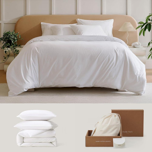 Double Stitch by Bedsure Percale Duvet Cover - Cotton Tencel Lyocell Duvet Cover Set, Crisp Breathable, Summer Cooling Duvet Cover Queen, Hotel Collection Bedding, 1 Duvet Cover, 2 Shams, Bright White