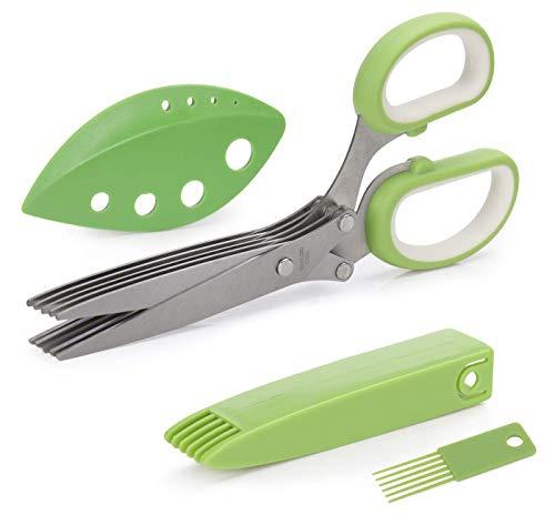 Joyoldelf Gourmet Herb Scissors Set - Master Culinary Multipurpose Cutting Shears with Stainless Steel 5 Blades, Stripping Tool, Safety Cover and Cleaning Comb for Cutting Cilantro Onion Salad
