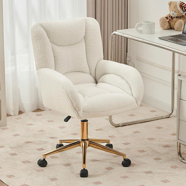 FOXHUNTER Vanity Chair with Ergonomic Back & Wheels, 360° Swivel Accent Chair, Adjustable Height Home Office Chair for Living Room, Bedroom (Teddy, Ivory)