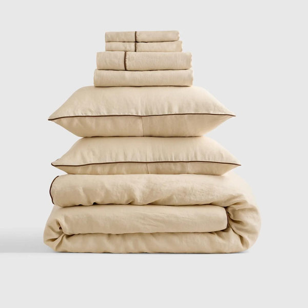 European Linen Piped Deluxe Bedding Bundle - Oat/Espresso, Queen