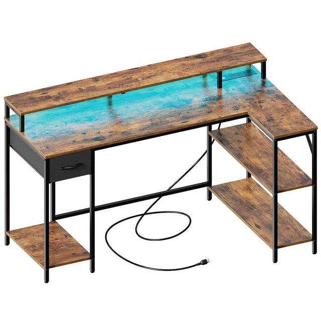 SUPERJARE 53 Inch L Shaped Desk with LED Lights & Power Outlets, Reversible Computer Desk with Shelves & Drawer, Corner Desk Home Office Desk, Rustic Brown