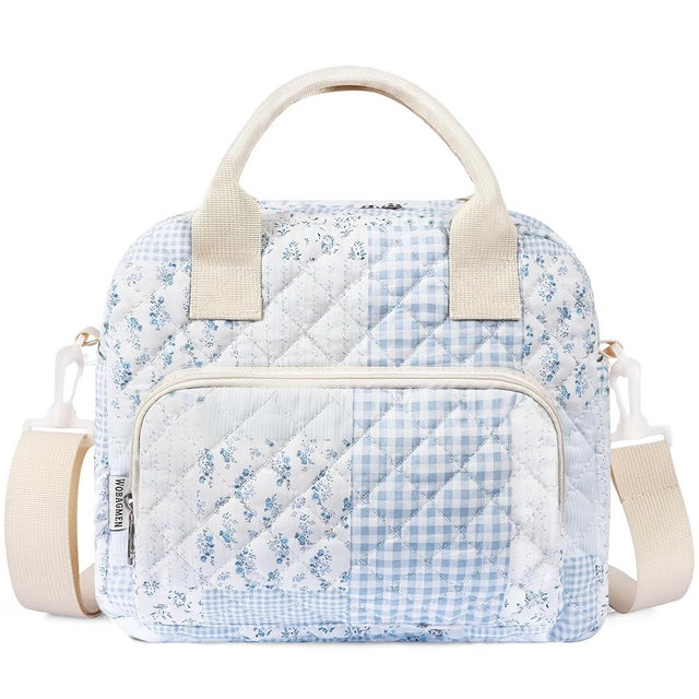 WOBAGMEN Quilted Lunch Box for Women,Large Blue Floral Insulated Lunch Bag for Adult,Cute Lunch Tote Bags for Work Picnic Travel(green blue pin,M)