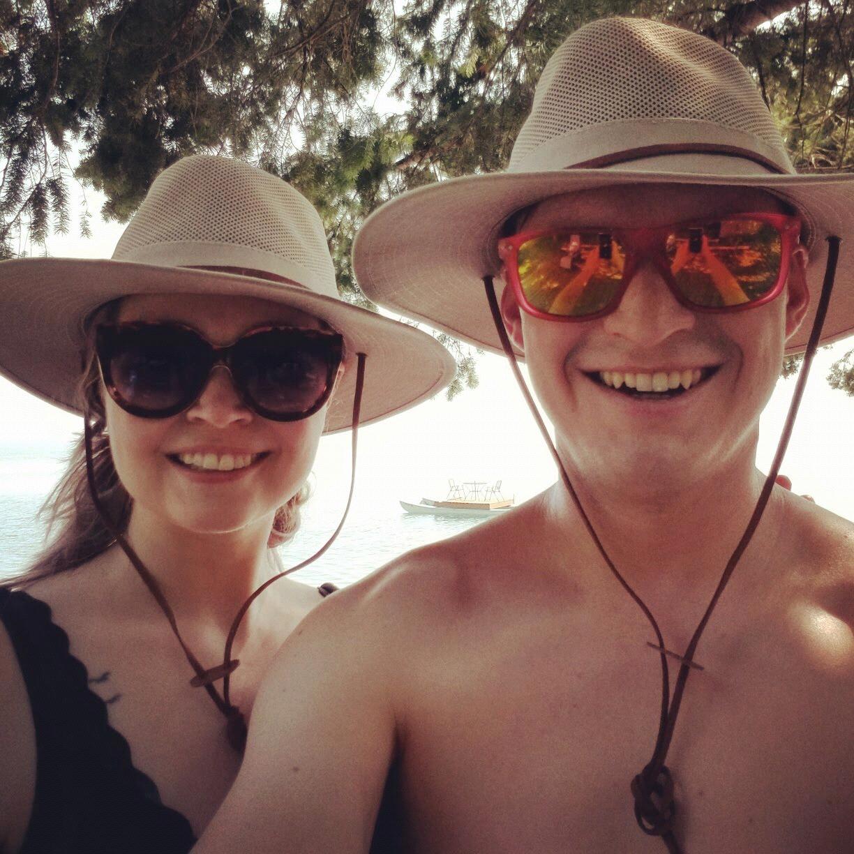 Matching hats at Flathead Lake