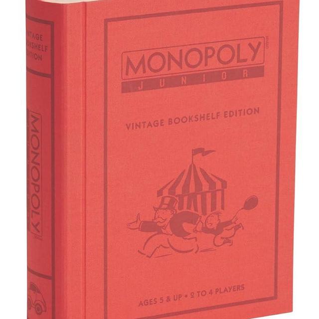 WS Game Company Monopoly Junior Vintage Bookshelf Edition: Linen Fabric-Wrapped Book Case — Classic Monopoly Jr. Board Game for Family Game Night (2-4 Players, Ages 5+)