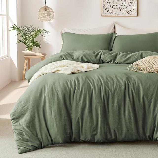 MILDLY Super Soft Duvet Cover - 100% Washed Microfiber Olive Green Comforter Cover Set 3 Pieces with Zipper Closure & Corner Ties (No Comforter)
