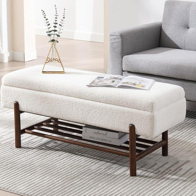 EALSON Modern Storage Ottoman Bench Sherpa Upholstered End of Bench with Seating and Wood Shoe Rack Long Entryway Bench for Bedroom/Living Room/Foyer, White