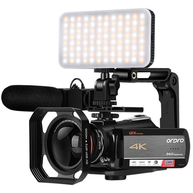 ORDRO 4K UHD Camcorder AC5 with 12x Optical Zoom, 3.1" IPS HD 1080P 60FPS, WiFi Vlog Camera with Microphone, Video Light, Wide Angle Lens and 64G Card