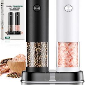 Electric Salt and Pepper Grinder Set Automatic Battery Pepper Mill Shakers Adjustable Coarseness Easy Filling Upgraded Larger Capacity with Led (2 Pack Black/White）