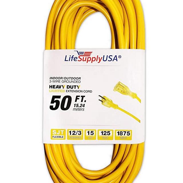 50 ft Power Extension Cord Outdoor & Indoor Heavy Duty 12 Gauge/3 Prong SJTW (Yellow) Lighted end Extra Durability 15 AMP 125 Volts 1875 Watts by LifeSupplyUSA