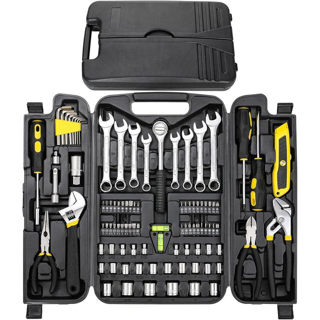 TLGREEN 95 Piece Tool Set, Tool Kit, Mechanics Tool Set, Portable Toolbox with Adjustable Wrench Pliers Socket Bits, with Plastic Toolbox Storage Case, for House Apartment Garage (Yellow)