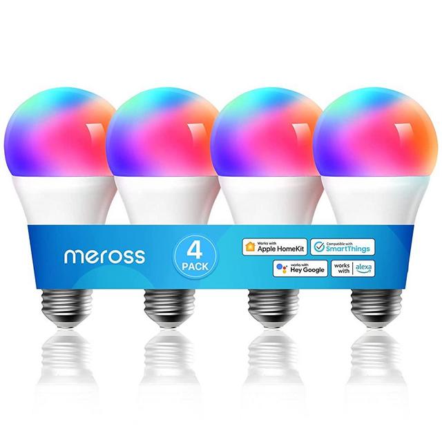 Smart Light Bulb, meross Smart WiFi LED Bulbs Compatible with Apple HomeKit, Siri, Alexa, Google Assistant and SmartThings, Dimmable E26 Multicolor 2700K-6500K RGBCW, 810 Lumens 60W Equivalent, 4 Pack