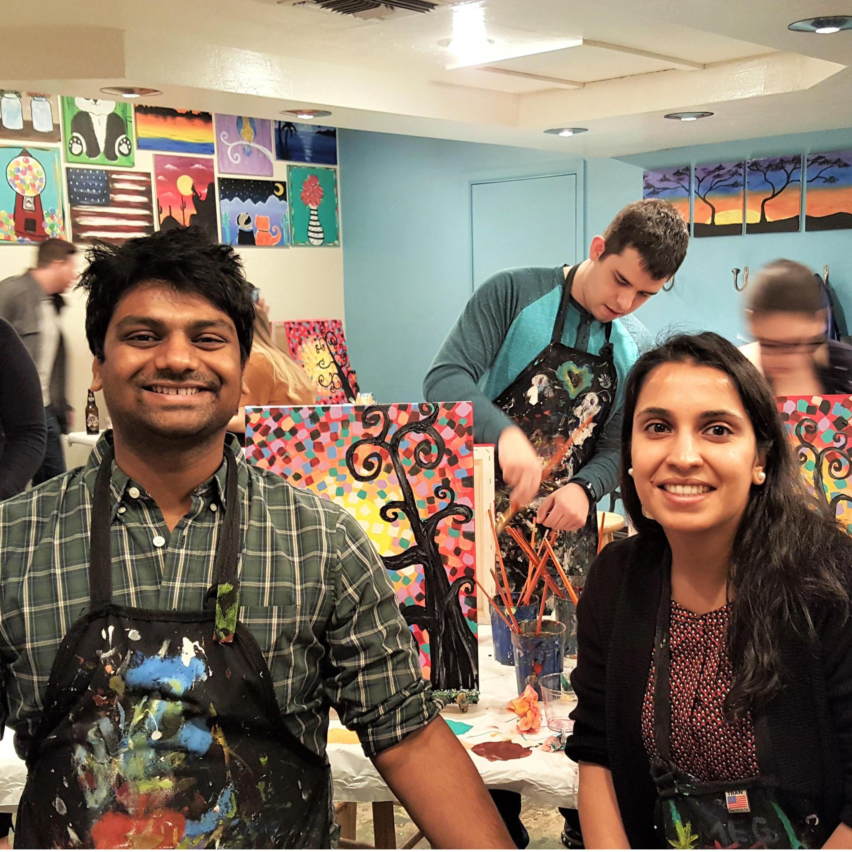 Our first "Paint n Wine", where I was painting and Rahul was busy drinking wine.