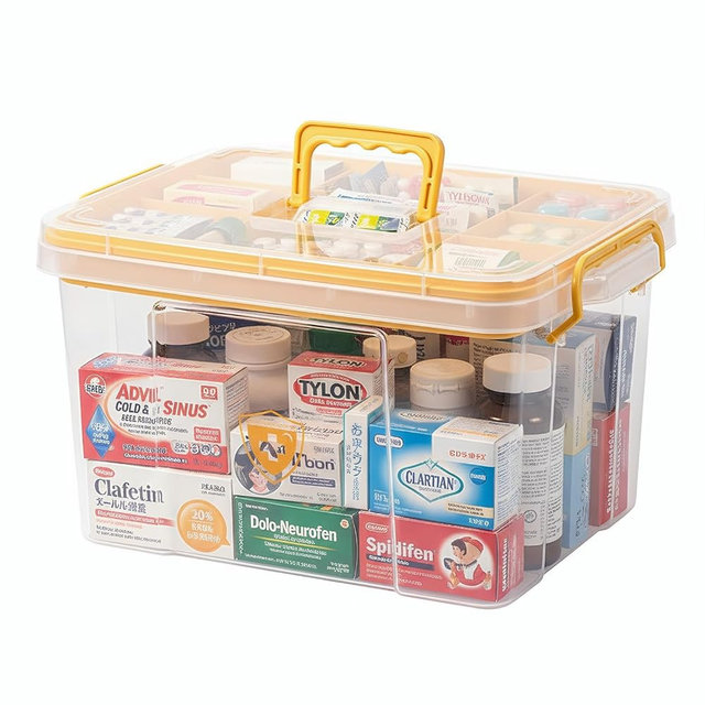 Pulseplay Clear Medicine Storage Box with Handle Portable Medicine Cabinet Organizer Multipurpose Plastic Storage Box with Removeable Tray for Home Office Travel Outdoor (Yellow)