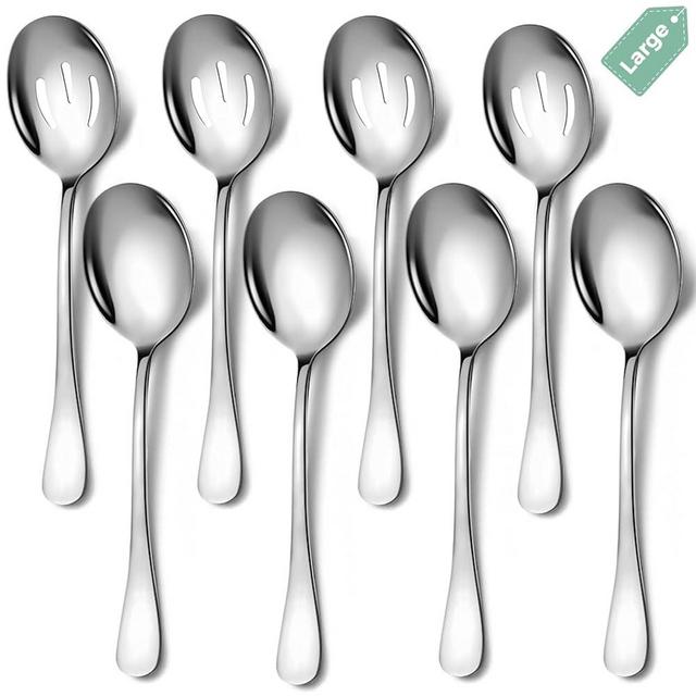 Large Serving Spoons, 8 Pieces Large Stainless Steel Serving Spoons Set Includes 4 Large Serving Spoon,4 Large Slotted Spoons. Serving Spoons for Parties/Buffet, Dishwasher Safe, 10-Inch