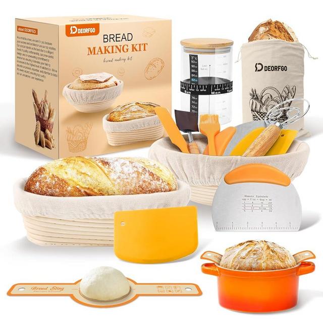 Sourdough Bread Baking Supplies Tools,10 Inch Oval & 9 Inch Round Banneton Bread Proofing Basket Set,Sourdough Starter Kit Gift for Bread Making (white with Starter Jar)