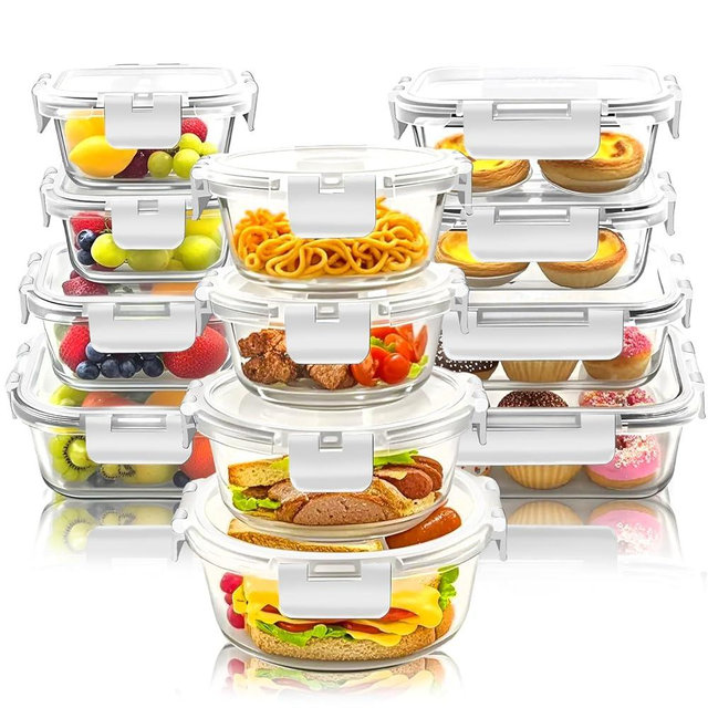 Bestfull 12 Pack Glass Lunch Meal Prep Containers with Lids Airtight Leakproof, Stackable for Microwave, Oven, Freezer and Dishwasher Safe (White)