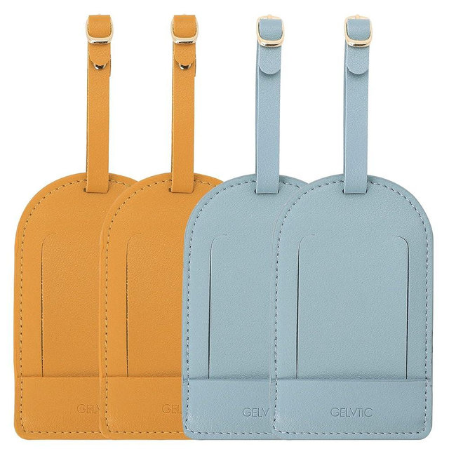 GELVTIC Faux Leather Luggage Tags for Suitcase Tag Set Privacy Protection with Identifie Name Lable ID Card Baggage tag for Men Women Travel Accessories, 2/4 Pack (LT06-Yellow*2+Sky Blue*2)
