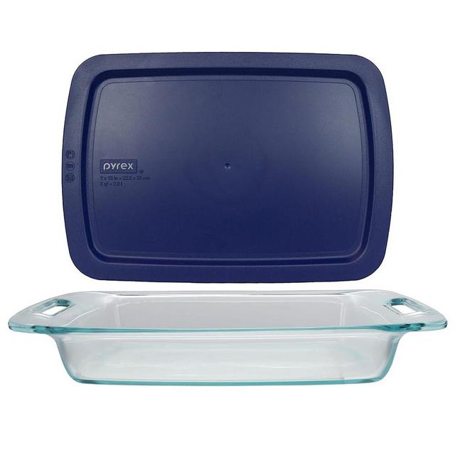 Pyrex (1) C-233 3qt Easy Grab Glass Baking Dish & (1) C-233-PC 3qt Blue Easy Grab Lid