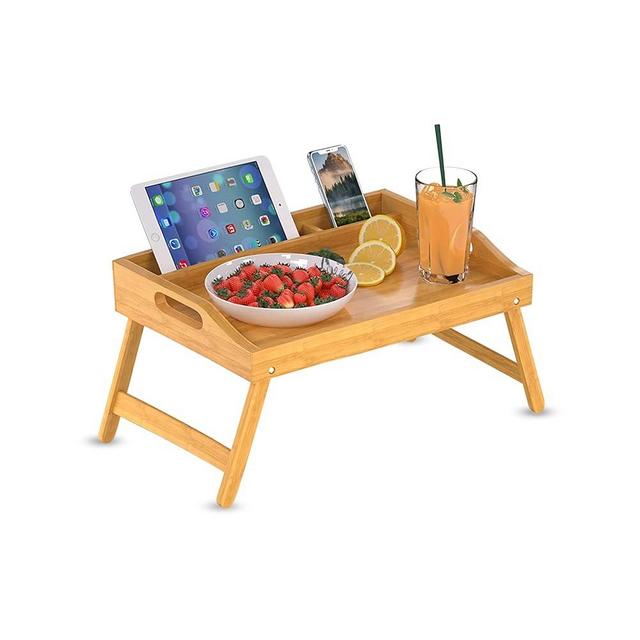 Bamboo Bed Tray Table with Handles and Folding Legs - Kitchen Serving Tray (Medium)