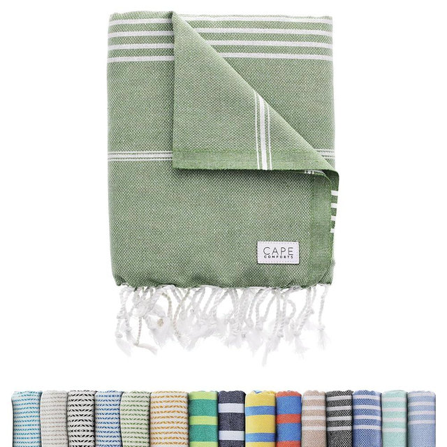 Cape Comforts Large Turkish Beach Towel, Classic Sage - Super Soft & Lightweight Quick Dry Absorbent Towels for Beach, Picnic Blanket or Bath Towel - Sand Free Organic Turkish Cotton Yarn