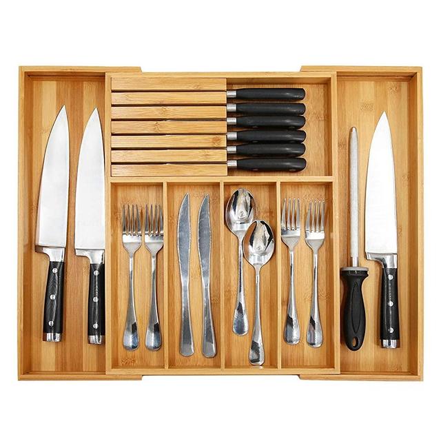 Bamboo Utensil Organizer Drawer Kitchen, Expandable Cutlery Tray with Divider | 13"-21.6" Flatware Storage and Knife Block | Wooden Drawer Organizer for Manual Tools and Office Supplies