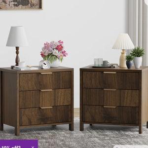Modern Fluted Bedside Table with 3 Drawers (Set of 2) - Walnut