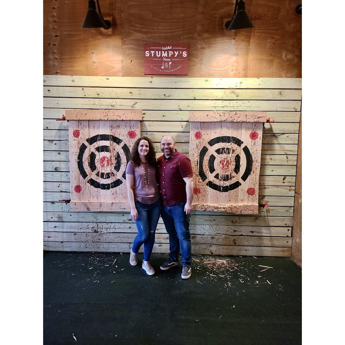 The first picture we took together...axe throwing!