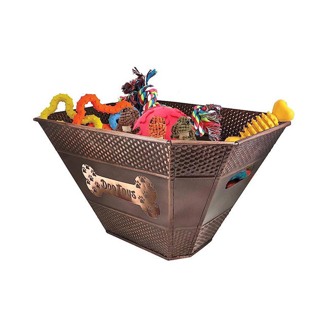 Metal Indestructible Dog Toy Bin - Storage Bin with Handles, Farmhouse Organizer Storage Basket for Pet Toys, Blankets, Leashes - Pawprint Design Home Decor (Lead-Free Copper)