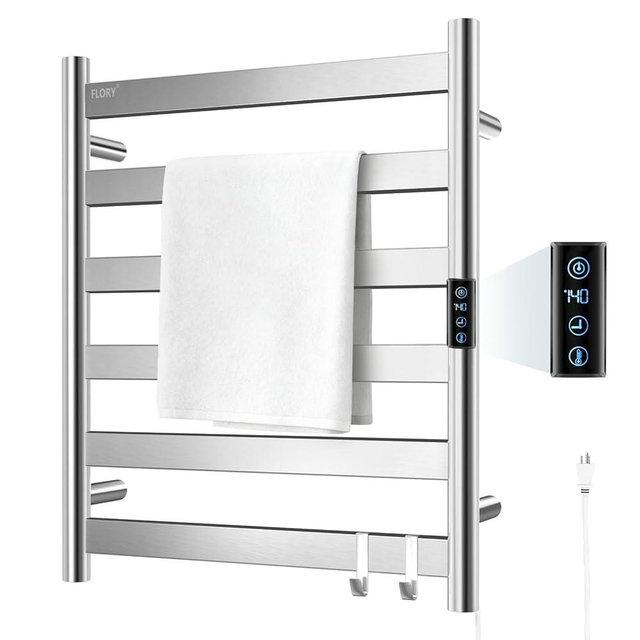 R FLORY Heated Towel Rack for Bathroom, 6 Bar Wall Mounted Towel Warmer Rack Flat with Timer & Temperature, Electric Towel Heater with LED Display Screen, Plug-in,Brushed Nickel