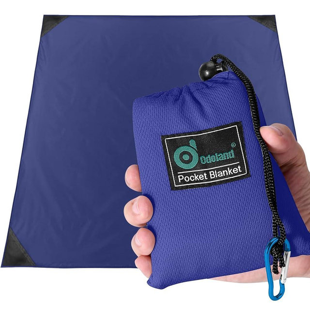 Odoland Pocket Blanket Picnic Blanket, 71" x 63" SandProof Waterproof Outdoor Beach Blanket with Portable Bag, Foldable Lightweight Sand Free Quick Drying Beach Mat for Hiking Camping Travel, Blue