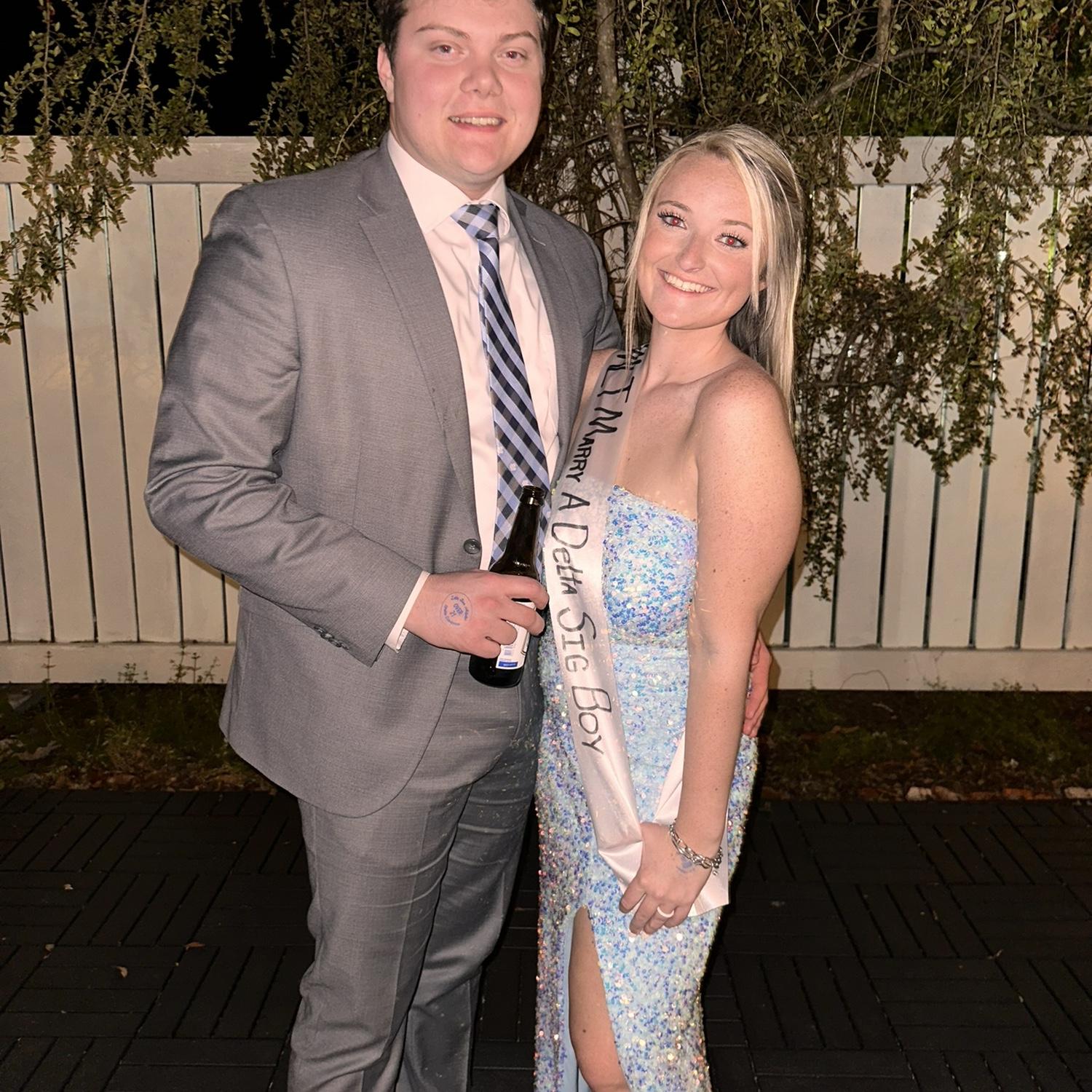 Senior year at Lander University- 2 weeks after we got engaged! Taylor’s sash reads, “Most likely to Marry a Delta Sig Boy”. Brycen was in Delta Sigma Phi and Taylor was in Zeta Tau Alpha!