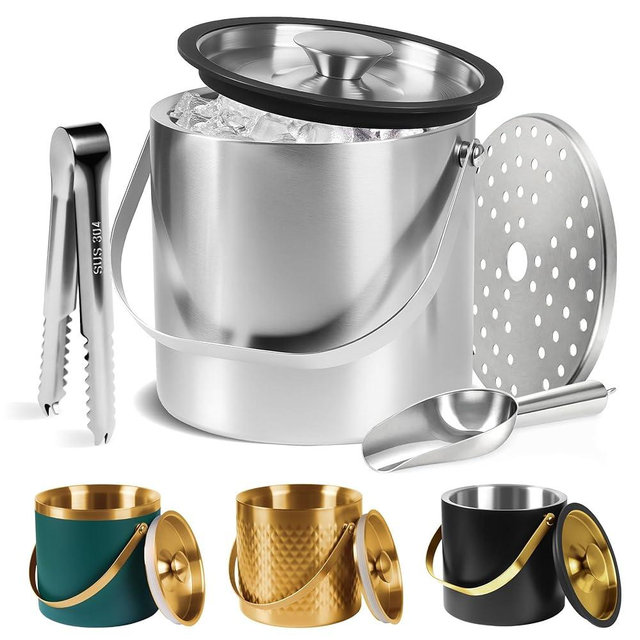Ice Bucket, Ice Bucket with Silicone Sealing Ring Double-Wall Vacuum Insulation Champagne Buckets with Filter Layer Ice Tongs Ice Scoop (Silver, 4 L)