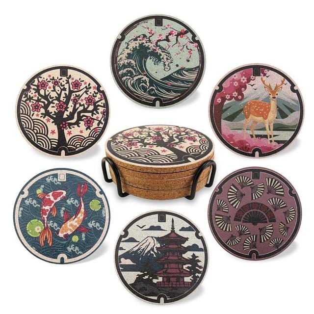 Japanese Coasters Japan Manhole Design Coasters for Drinks Cherry Blossom Koi Pagoda Deer Cork Coasters for Coffee Table Housewarming Birthday Gifts Set of 6