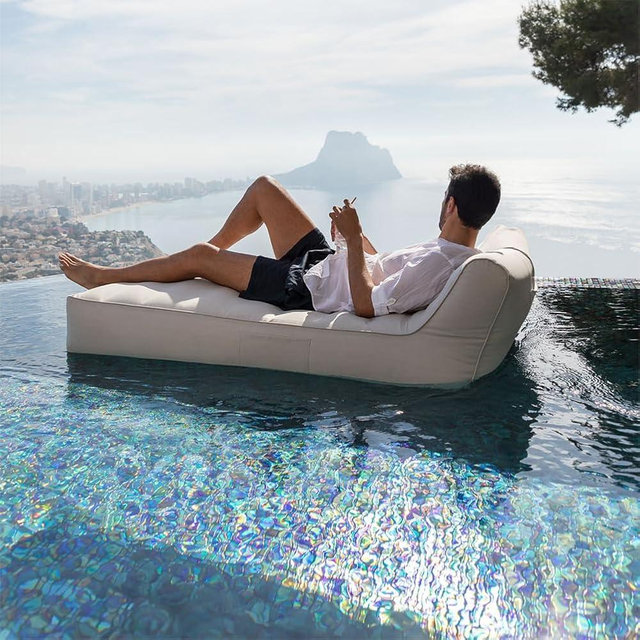 California Sun Allora Luxury Inflatable Fabric Sun Lounger Pool Float Chaise - Poolside Lounge Chair - Deluxe Ultra-Wide Floating Day Bed (Beige)
