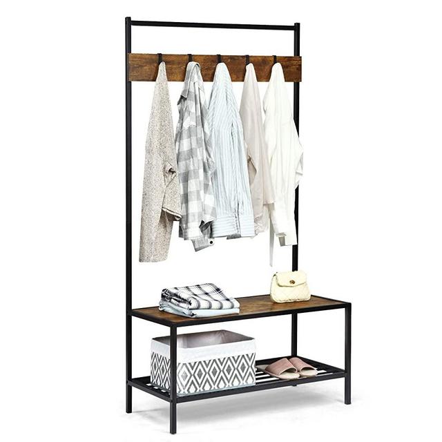 Tangkula 3-In-1 Entryway Hall Tree, Industrial Entryway Bench with Coat Rack & Shoe Storage, 2-Tier Entryway Storage Organizer with Hooks for Home & Office, Coats/Hats/Shoes (Coffee)