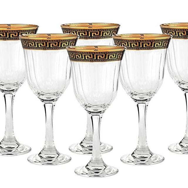 "Cristalleria Italian Decor" Crystal Wine Beverage Goblet, 12 oz. Gold and Black Greek Key Ornament, Hand Made in Italy, SET OF 6 Glasses