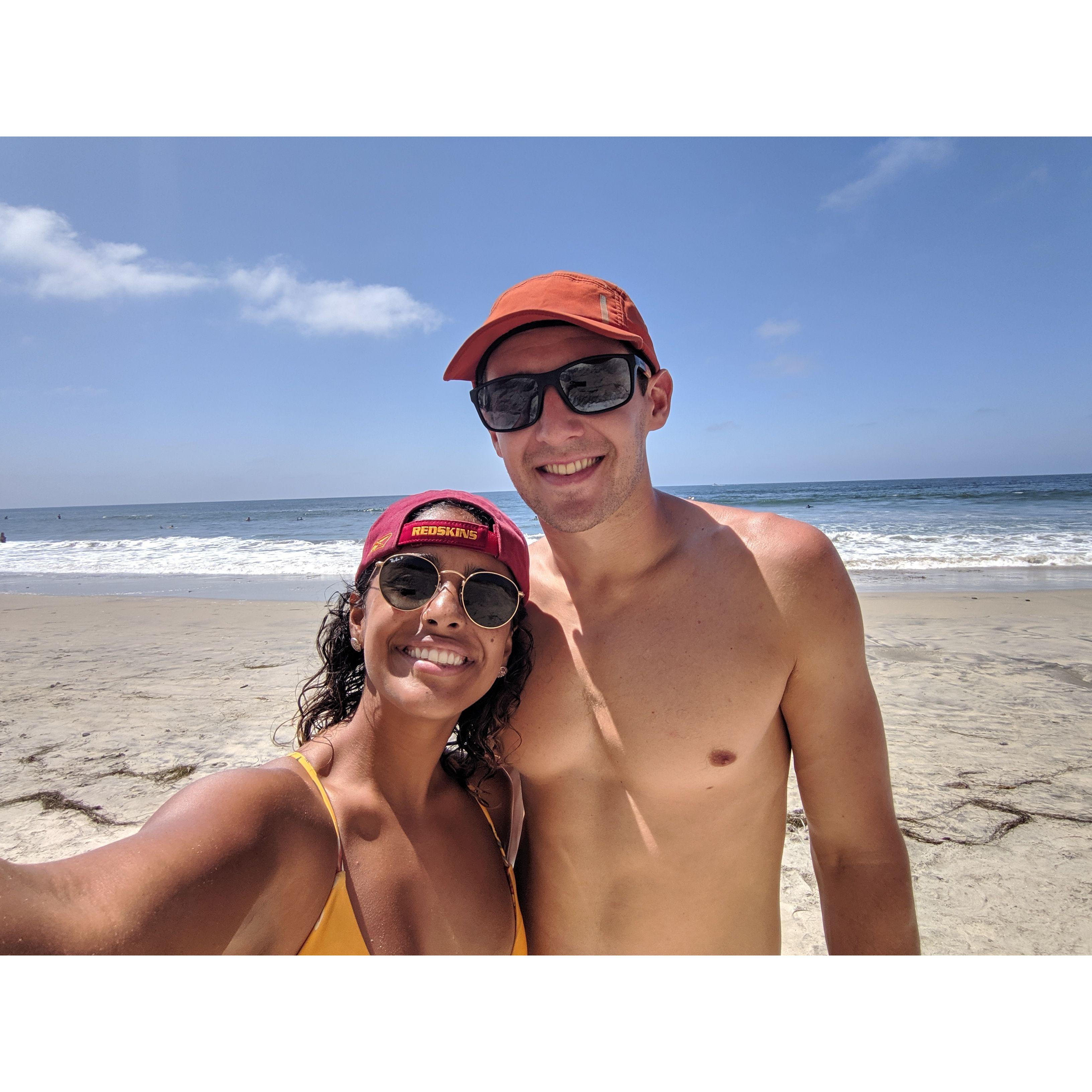 August 2019. Enjoying the sun during our weeks-long California surf road trip.