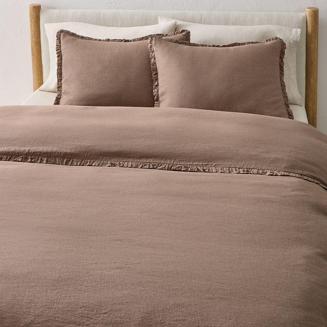 European Flax Linen Ruffle Duvet, Full/Queen, Mulberry