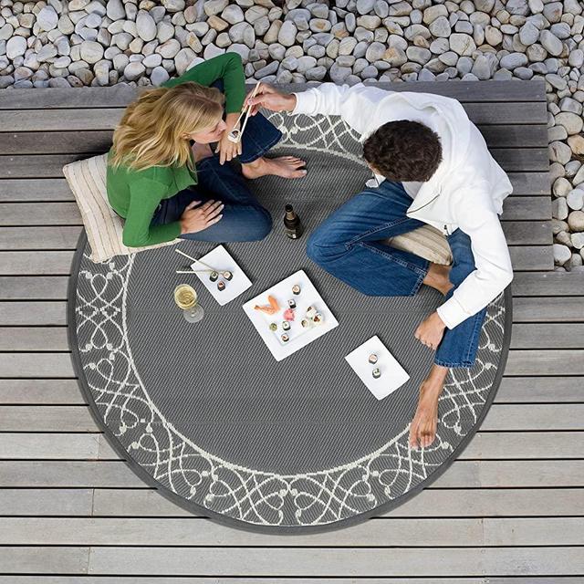 Nuu Garden Outdoor Rug 5'x5' for Patios Clearence with Portable Non-Woven Bag, Outdoor Plastic Straw Rug, Round Indoor Outdoor Rugs for Garden, Balcony, Picnic, RV, Gray & Light Beige