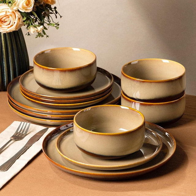 TheTerra Ceramic Dinnerware Sets for 4, 12 Pieces Handmade Reactive Glaze Plates and Bowls Set, Scratch Resistant Dish Set, Oven & Microwave & Dishwasher Safe, Creamy Amber