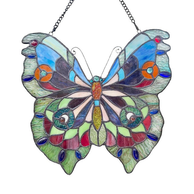 HUORUIKY Tiffany Colorful Butterfly Stained Glass Window Hanging, Handcraft Stained Glass Window Panel, Round Sun Catcher, Glass Ornaments for Living Room,Dining Room,Bedroom,W12XL18 inches