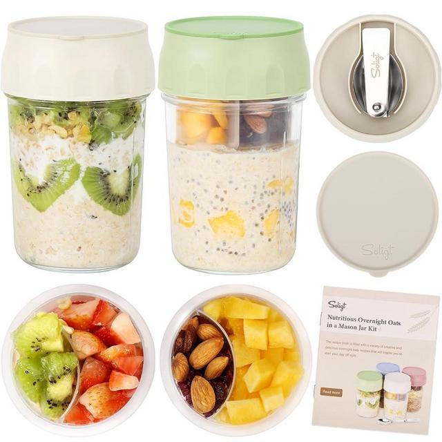 SOLIGT 2 Pack Overnight Oats Containers with Lids, Folding Spoons, and Divided Compartments for Fruit & Nuts, Small Glass 16oz Mason Jars for Oatmeal Yogurt Parfait (2 Set-Oat White/Organic Green)